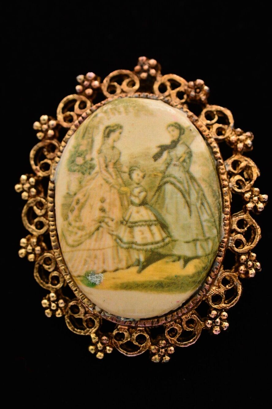 Vintage Renaissance Painting Pendant Pin Brooch Antiqued Gold Woman Girl BinF